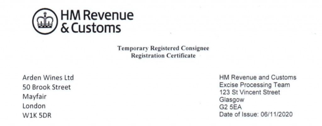 HMRC Temporary Registered Consignee Arden Fine Wines