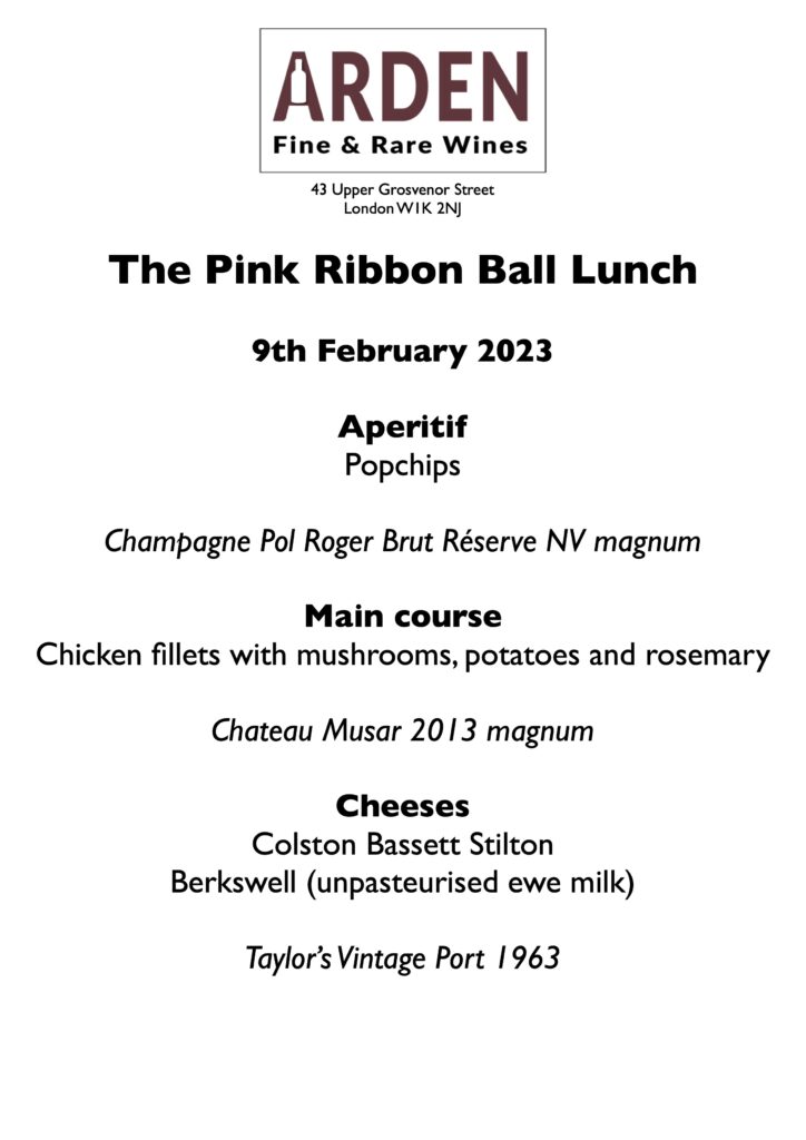 The Pink Ribbon Ball lunch on behalf of Breast Cancer Now at Arden Fine Wines
